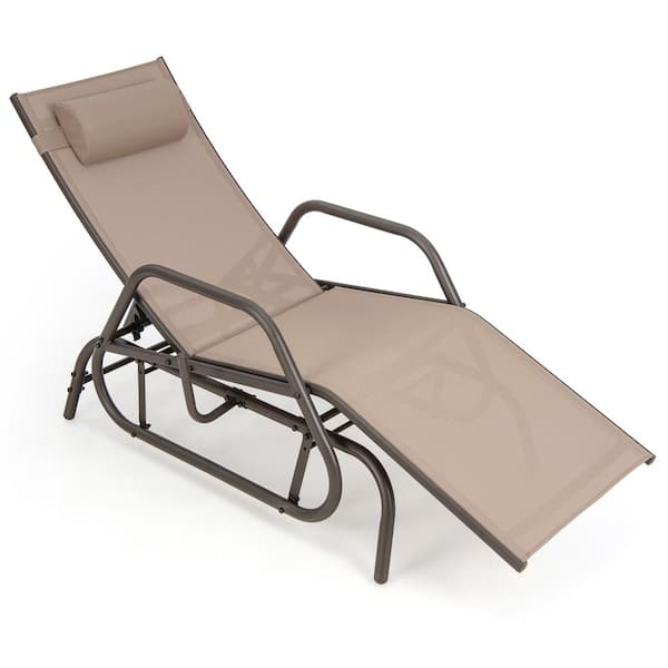 ANGELES HOME 1-Piece Metal Outdoor Chaise Lounge Glider Chair with Armrests and Pillow-Brown, Weight Capacity 350lb.
