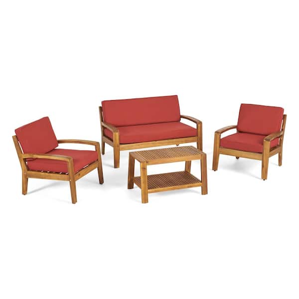 4-Piece Wood Outdoor Patio Conversation Set with Red Cushions