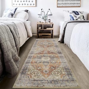 Taupe 2 ft. x 6 ft. Machine Washable Floral Indoor Runner Area Rug