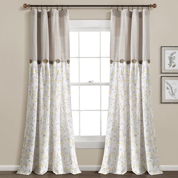 HOMEBOUTIQUE Linen Button 42 in. W x 84 in. L Botanical Garden Light Filtering Window Curtain Panels Gray/Yellow Single
