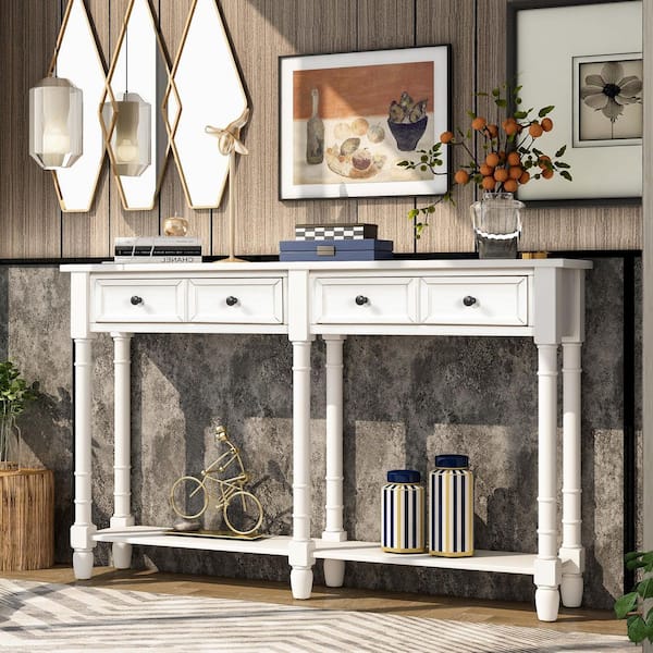 58 in. Ivory Rectangle Wood Console Table with 2 Storage Drawers and Bottom Shelf for Living Room, Entryway