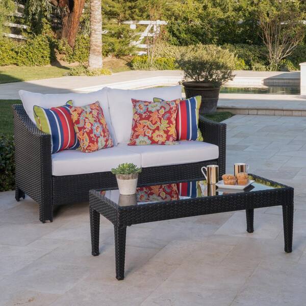 Noble House Antibes Black 2-Piece Plastic Patio Conversation Set with White Cushions