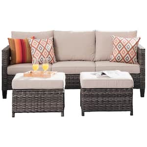 Megon Holly Gray 3-Piece Wicker Outdoor Patio Conversation Seating Sofa Set with Beige Cushions