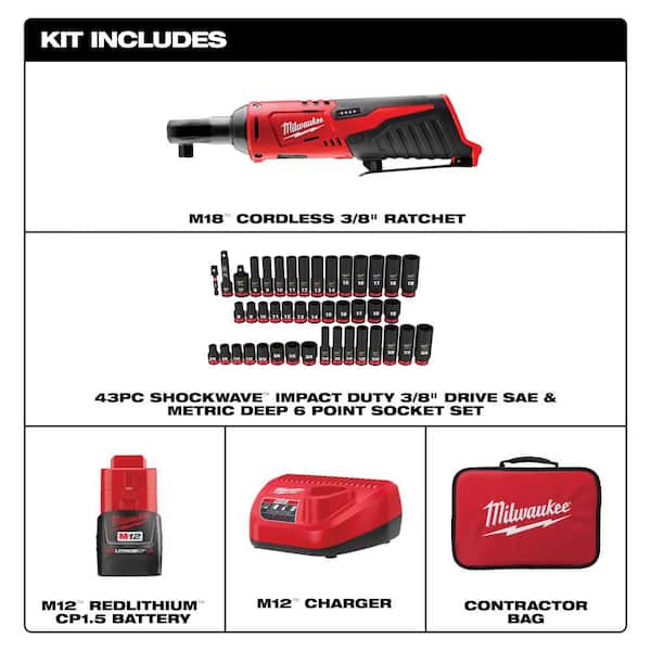 M12 12V Lithium-Ion 3/8 in. Cordless Ratchet Kit w/SHOCKWAVE 3/8 in. Drive SAE/Metric 6 Point Impact Socket Set (43-PC)