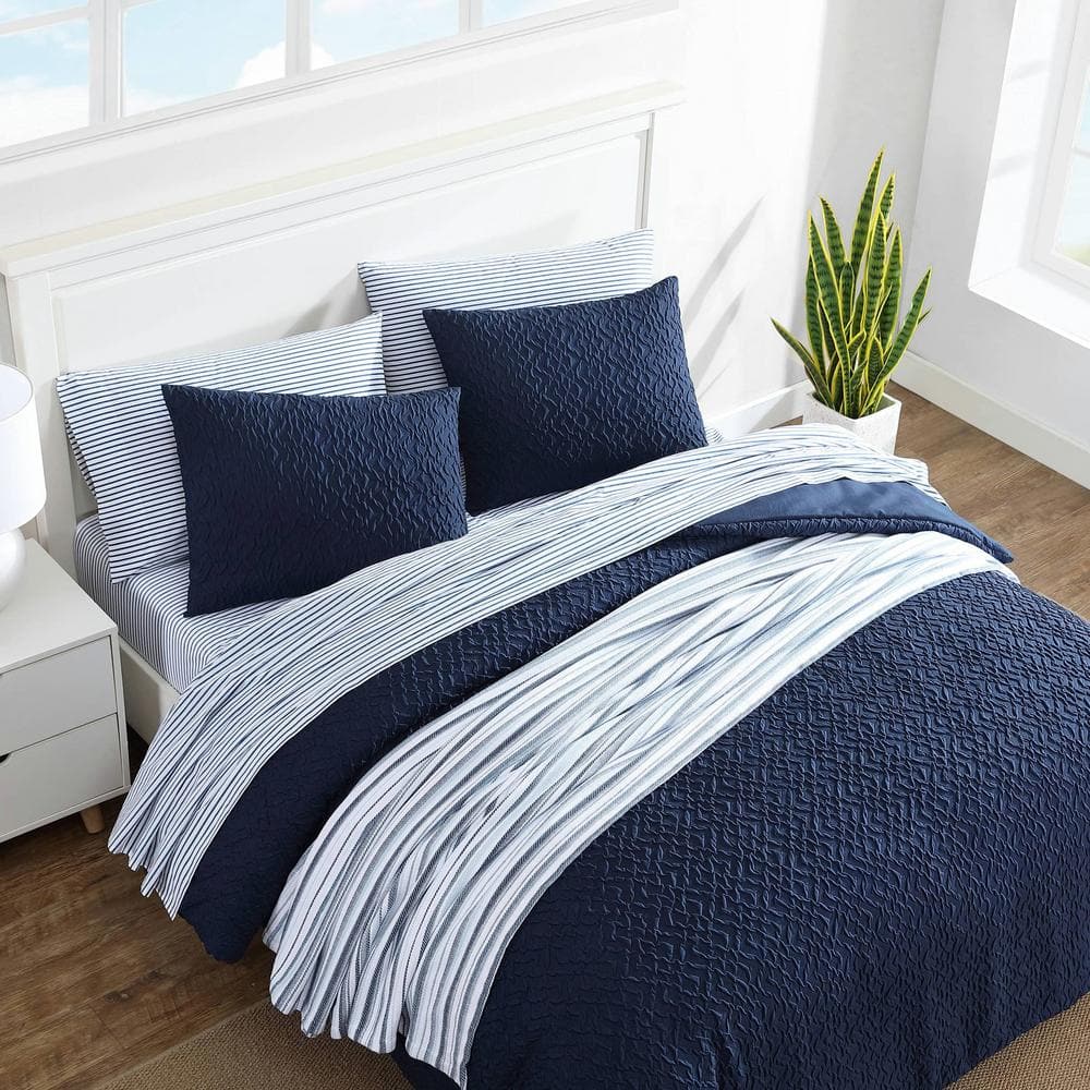 Navy Embossed Microfiber Twin Duvet Cover Set