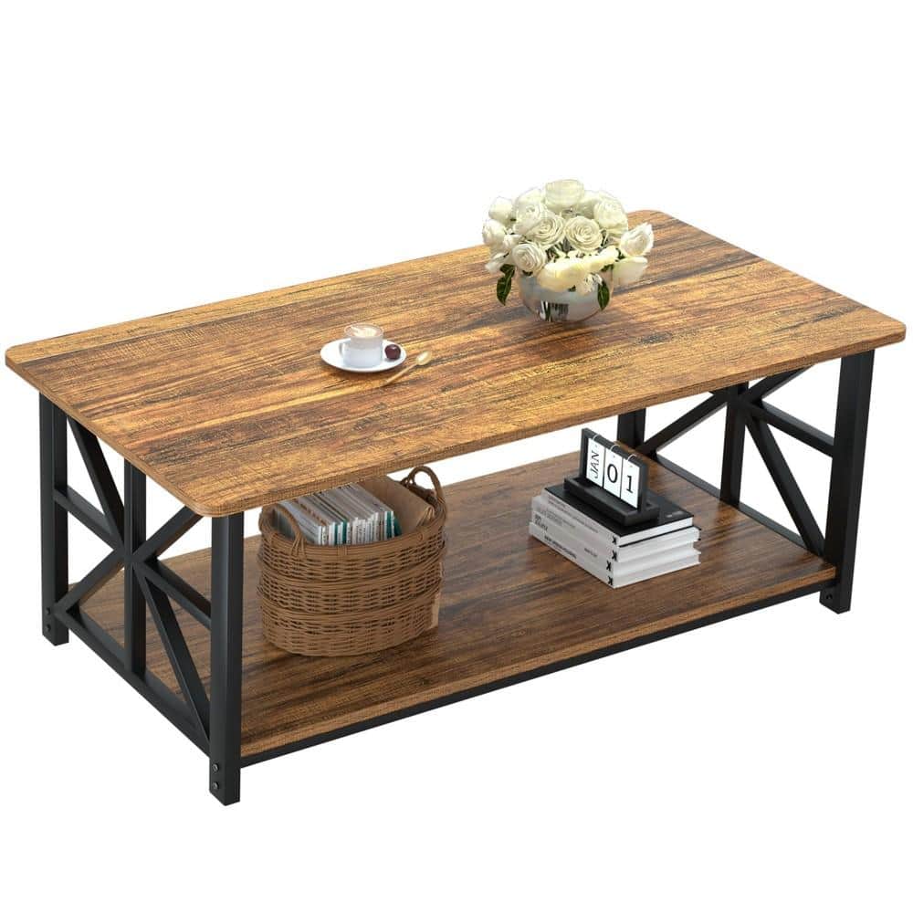39.4" Walnut Metal Modern Coffee Table with Round Corners