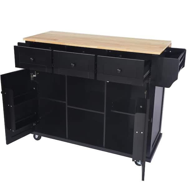 Black Rubberwood Countertop 53.1 in. W Kitchen Island Cart with 8 Hand