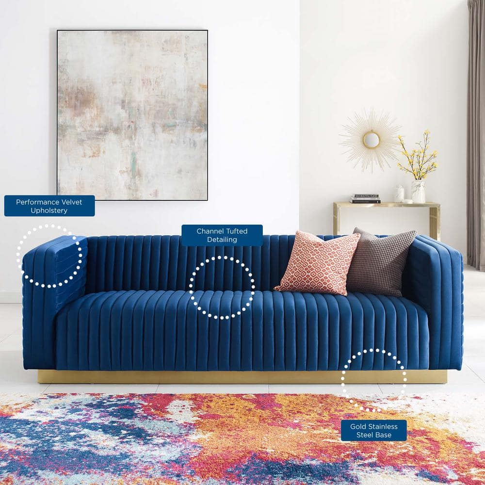 Navy Velvet Tufted Tuxedo Sofa with Gold Stainless Steel Base, 96.5"