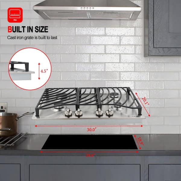 Built-in Gas Stove Top 30 Gas Cooktop LPG/NG 5 Burners Gas Stove Gas Hob Stovetop 5 Burner Silver Stainless Steel Gas Hob with Power Boil Continuous Grates Simmer Thermocouple Protection 
