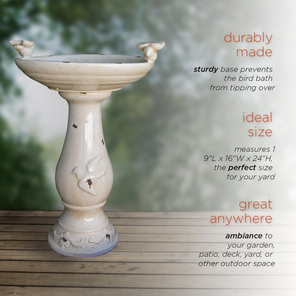 24" Antique White Ceramic Birdbath with Birds