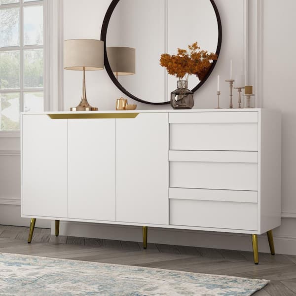 FUFU&GAGA 63 in. W White Wood Storage Cabinet with 3-Doors, 3-Drawers and Shelf