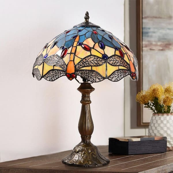 Decorative 18.1 in. Tiffany-Style Table Lamp Bronze Finish Dragonfly Glass Bedside Lamp