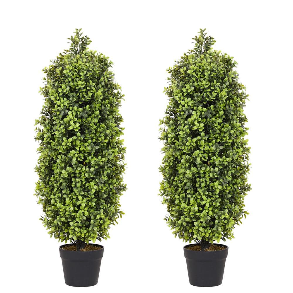 2 Pack 3ft Artificial Topiaries Boxwood Trees with Black Pot