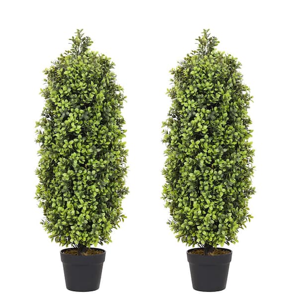 Unbranded 2 Pack 3ft Artificial Topiaries Boxwood Trees with Black Pot