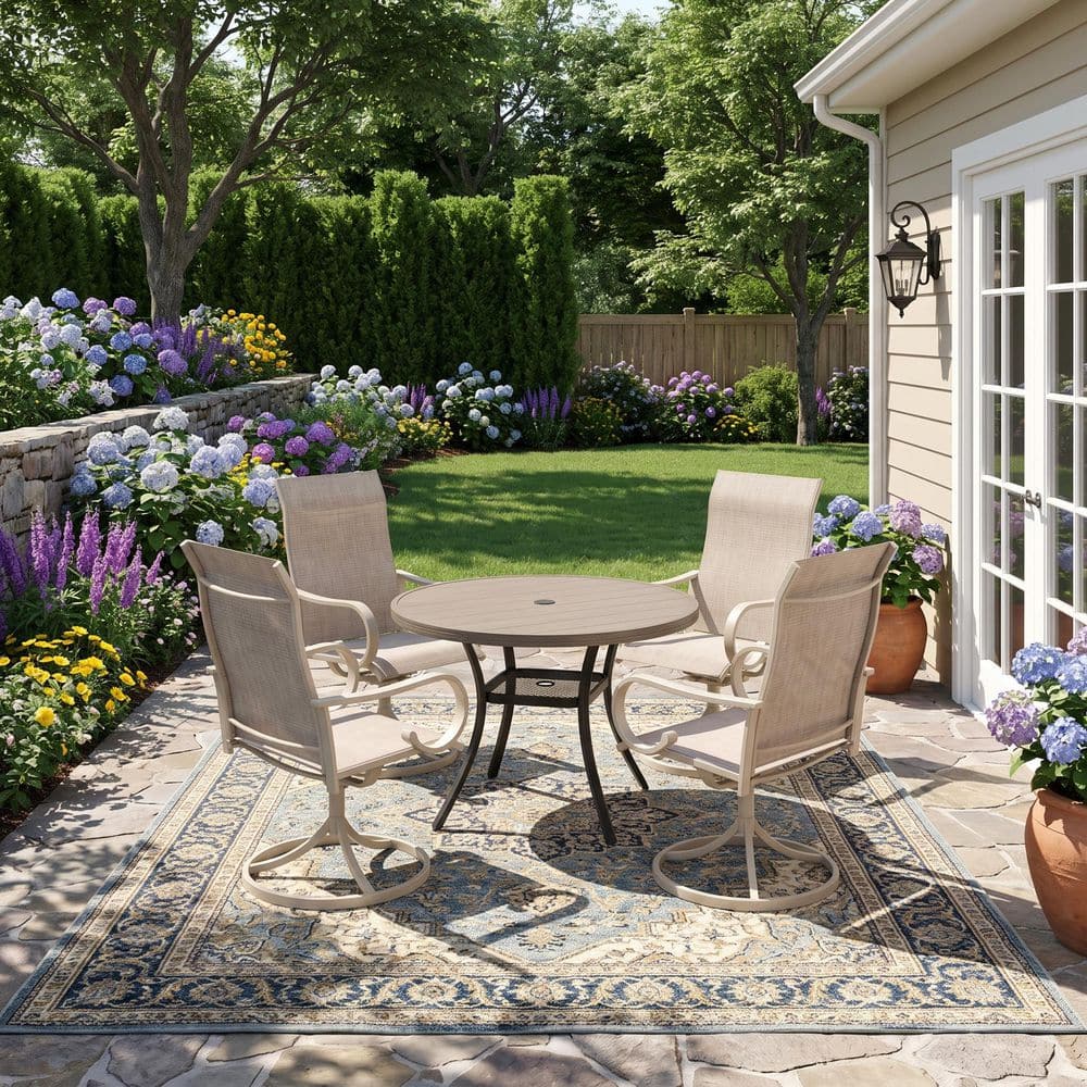 5-Piece Metal Outdoor Dining Set with 40.6 in. Gray Wood-Like Round Table and 4 Sandshell 360° Swivel Textilene Chairs price history on PriceWatchPro
