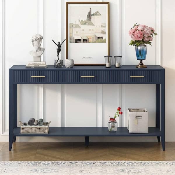 60 in. Navy Blue Rectangle Wood Console Table with Vertical Stripe Drawers, Long Legs, Suitable