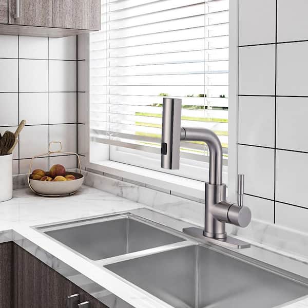 Waterfall Single Handle Pull Down Sprayer Bar Faucet with Deckplate and and 3 Modes Sprayer in Brushed Nickel