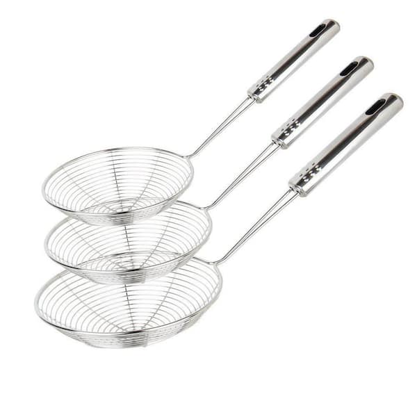Professional Stainless Steel Wire Skimmer Spoon Set of 3, Long Handle for Frying and Noodle