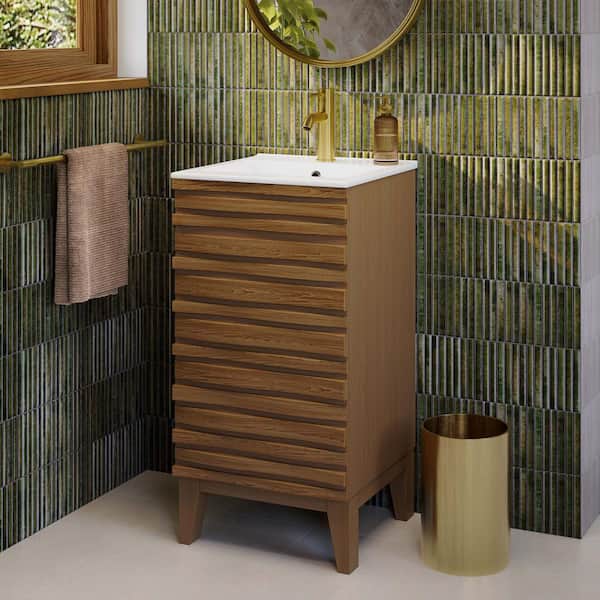Cascade 18 in. Bathroom Vanity in Brown Oak with White Ceramic Top