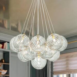 Bolton 13-Light Modern Brushed Brass Sputnik Cluster Clear Swirled Glass Globe Bubble Chandelier for Living Room