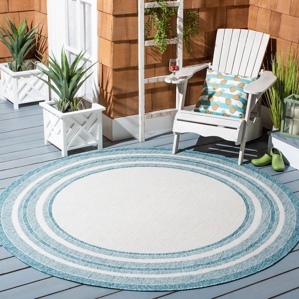 Courtyard Ivory/Aqua 10 ft. x 10 ft. Solid Color Striped Indoor/Outdoor Round Area Rug