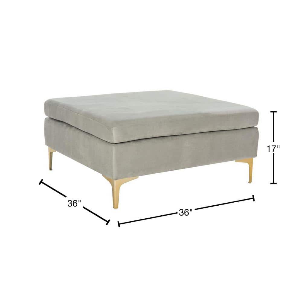 Giovanna Transitional Grey Velvet Square Ottoman with Brass Legs