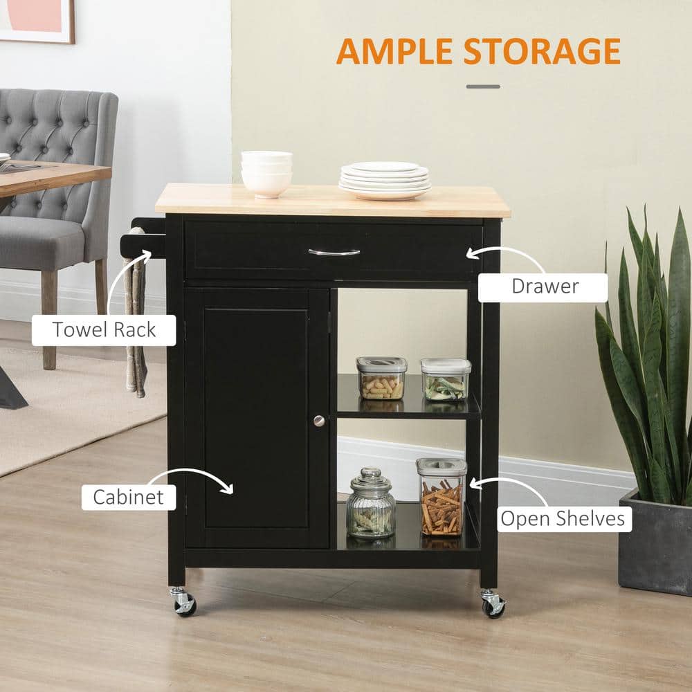 Elegant Black Solid Wood Butcher Block Kitchen Cart with Storage