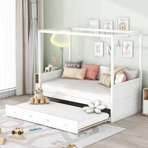 White Wood Frame Twin Size Canopy Bed, Daybed with Trundle