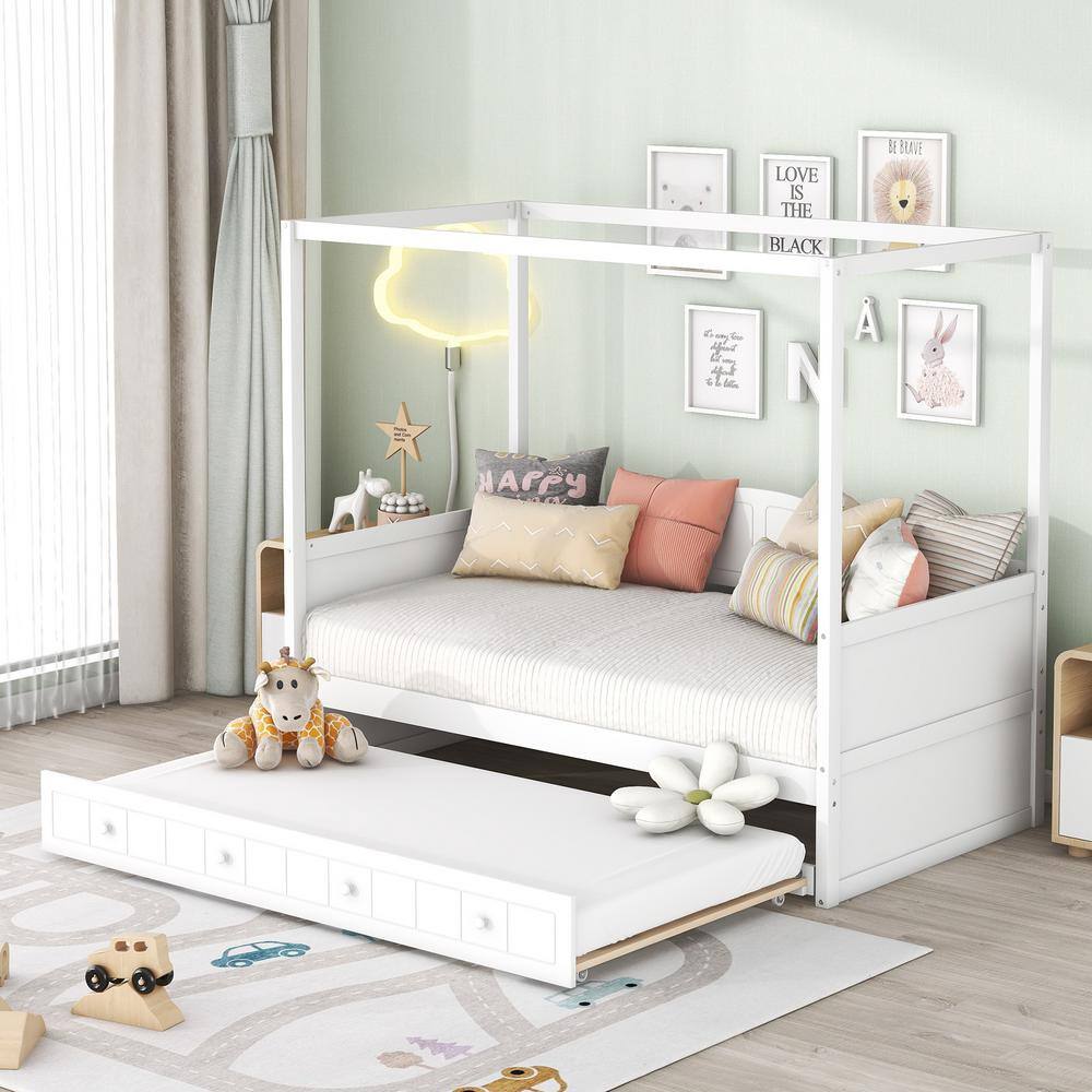 Harper & Bright Designs White Wood Frame Twin Size Canopy Bed, Daybed