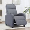 Grey electric fabric recliner in a modern living room.