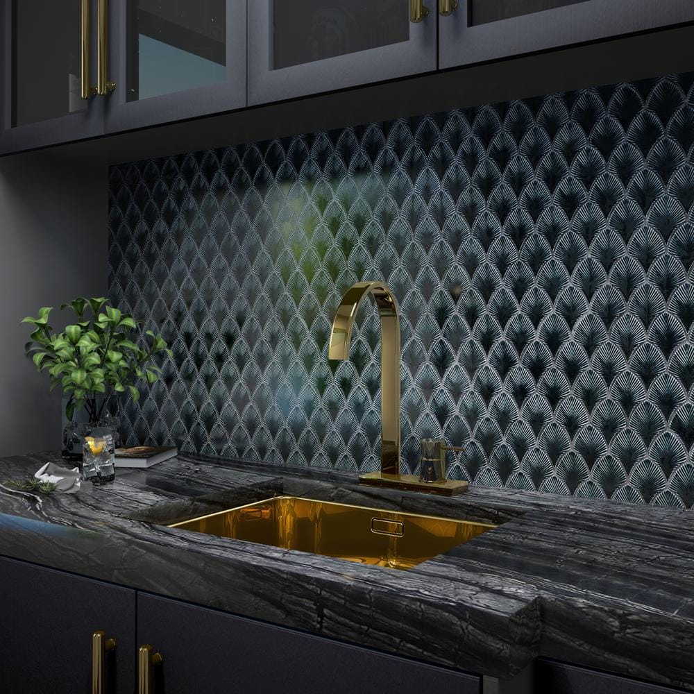 Midnight Blue Polished Glass Fishscale Mosaic Tile 9x12