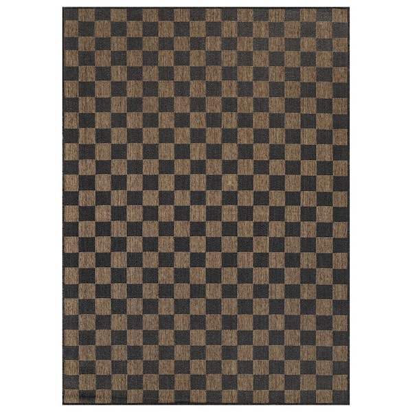 Checkered Dark Gray/Natural Easy-Care Jute-Style Indoor/Outdoor Flat Woven 4 ft. x 6 ft. Dark Gray Area Rug
