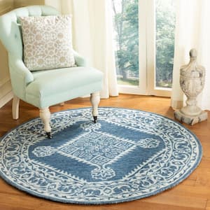 Micro-Loop Blue/Ivory 5 ft. x 5 ft. Round Floral Border Medallion Area Rug