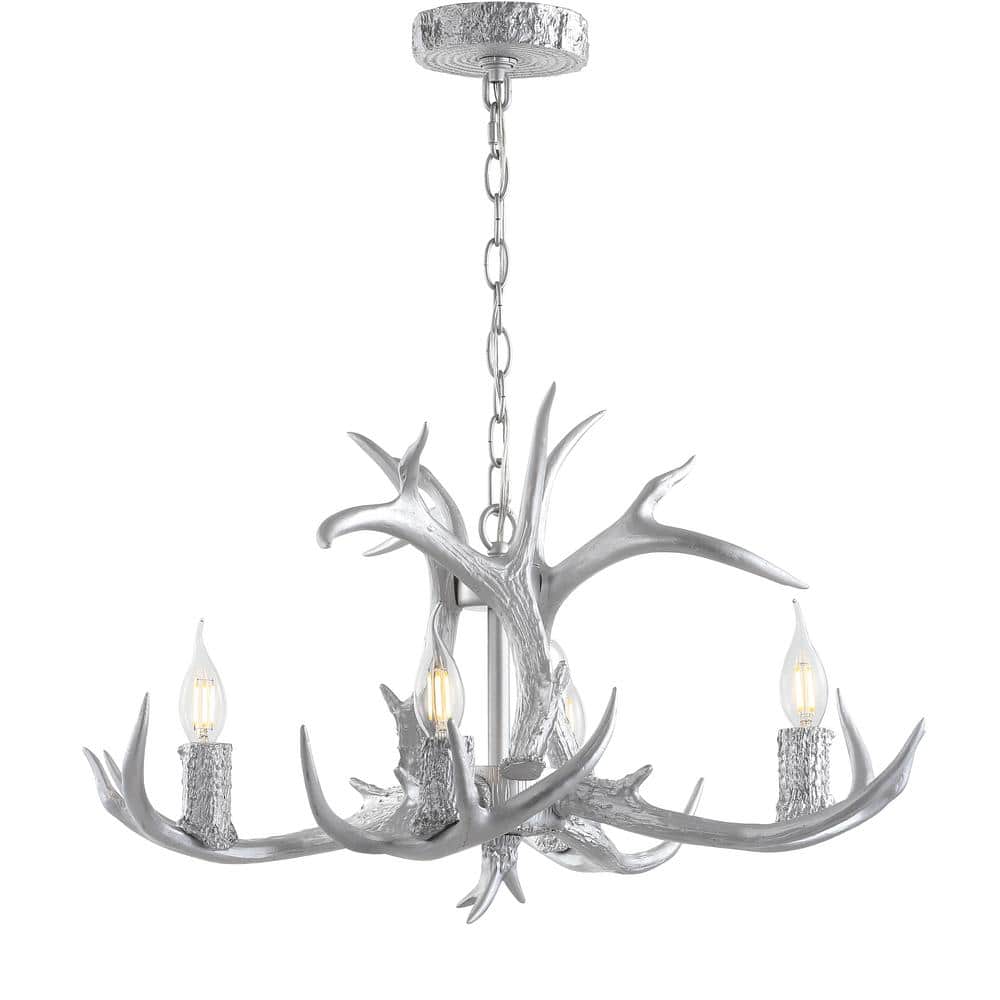 Eldora Rustic 26" Chrome Resin Antler 4-Light LED Chandelier