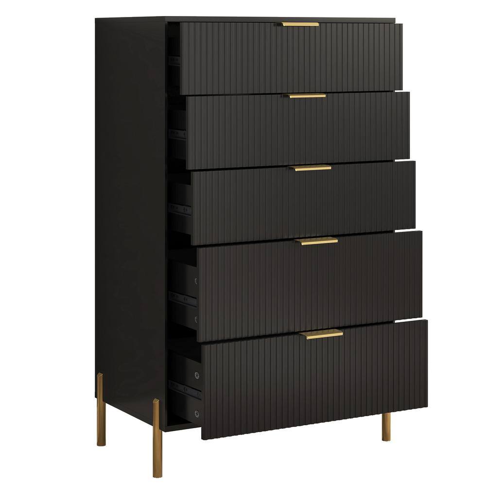 Black Vertical 5-Drawer Dresser Chest with Gold Handles