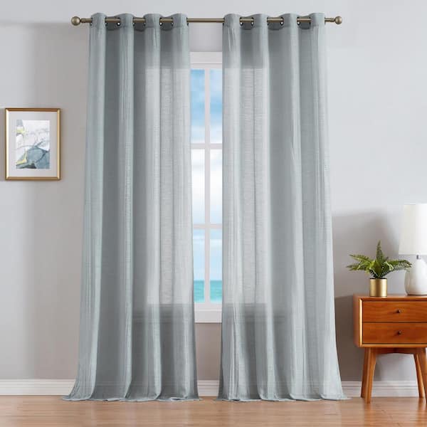 Cordelia Grey Faux Linen Crushed 52 in. W x 108 in. L Grommet Window Sheer Curtains (Set of 2)