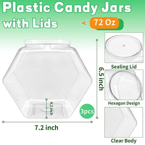 3 of Piece Clear Plastic 72 oz. Hexagon Candy Jars with Lid for Dry Food Candies Cookies Treats Laundry Pods Coffee Pods