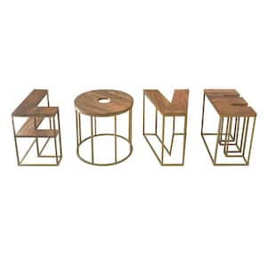19 in. Brass and Brown Specialty Wood 4 Pc Coffee Table Set with Open Bottom Shelf in LOVE Alphabet Design
