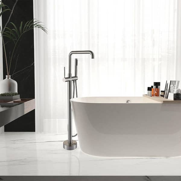 Bathroom Single-Handle Freestanding Tub Faucet with Hand Shower in Brushed Nickel