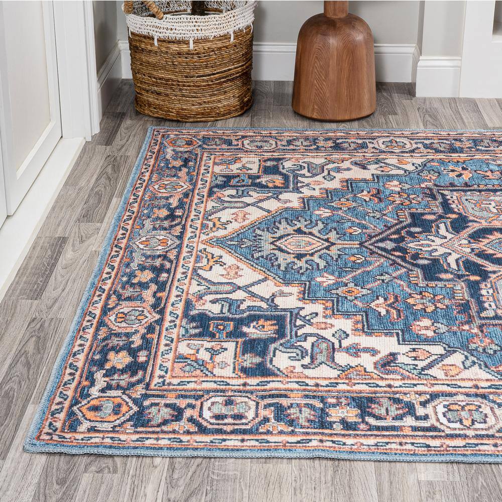 Cirali Blue and Beige Medallion Washable Area Rug