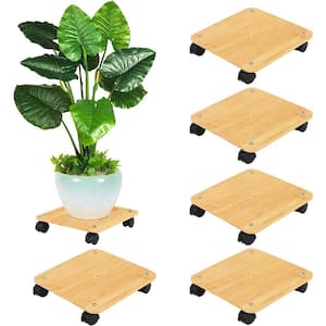 Bamboo Rolling Plant Caddy Stand Base with Lockable Casters 6-Pack