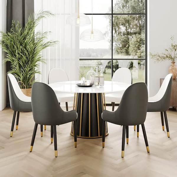 Magic Home 59.05 in. White Circular Rotable Sintered Stone Tabletop Black Pedestal Base Kitchen Dining Table (Seats-8)