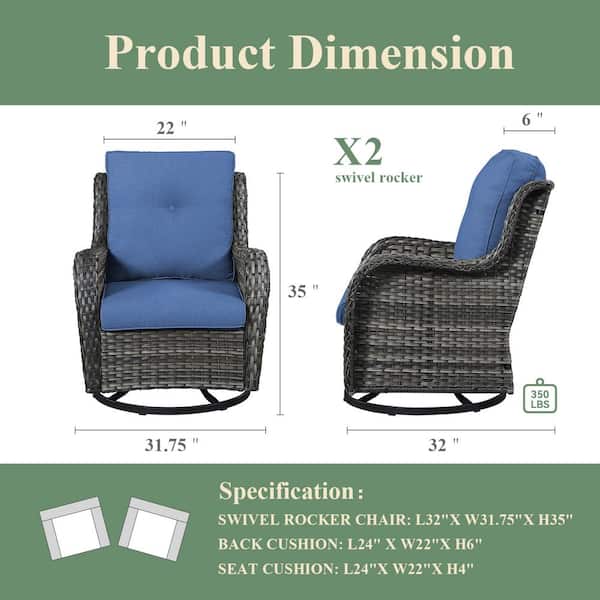 4-Piece Set Outdoor Swivel Gray Wicker Outdoor Rocking Chair with CushionGuard Blue Cushions
