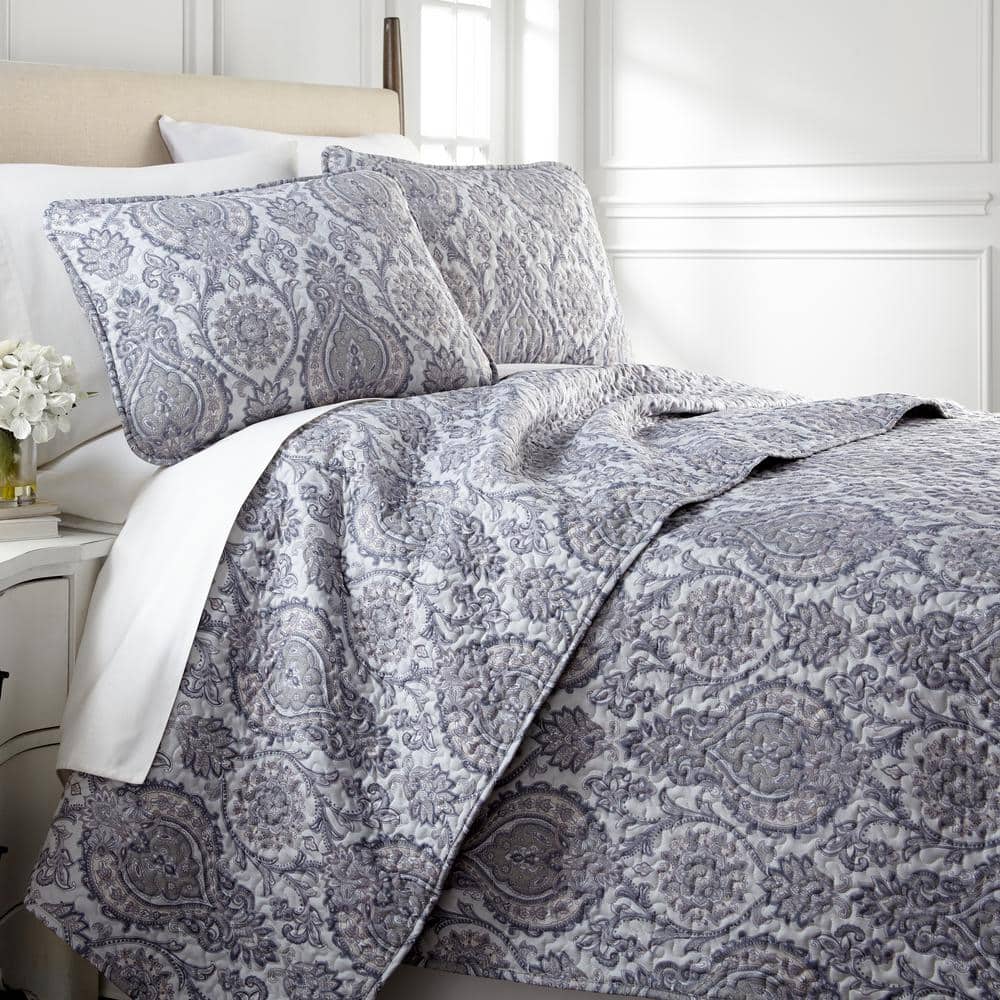 MARIE BEDSPREAD SET QUILTED THROW OVER PATCHWORK FLOWER PAISLEY LACE BLACK NAVY 
