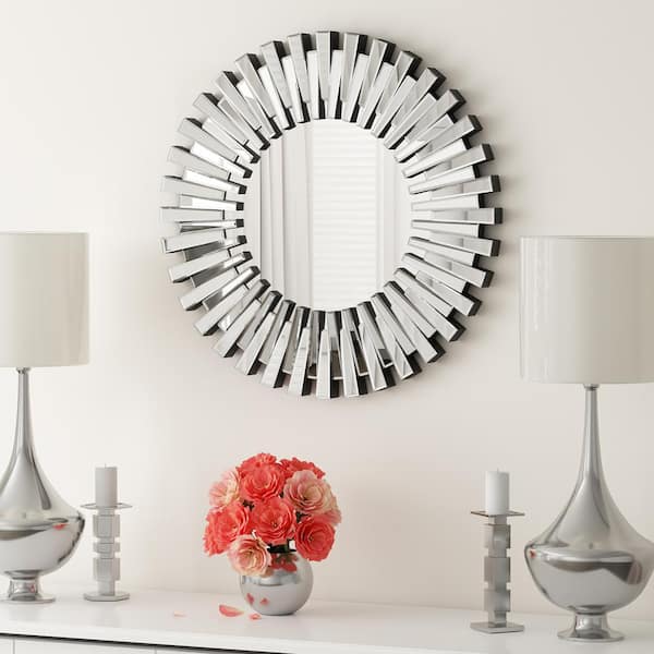 THKSHOUZ Silver 23.6 in. W x 23.6 in. H Modern Sunburst Wall for Wall Decor Glass Entryway Mirror Wall-Mounted Accent Mirrors