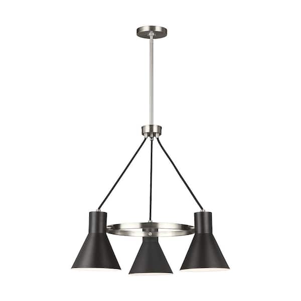 Generation Lighting Towner 3-Light Brushed Nickel Mid-Century Modern Hanging Chandelier with Black Shades
