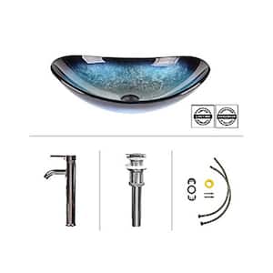 Artistic Tempered Glass Bathroom Sink Oval Shape Vessel Sink with Faucet Combo Ocean Blue