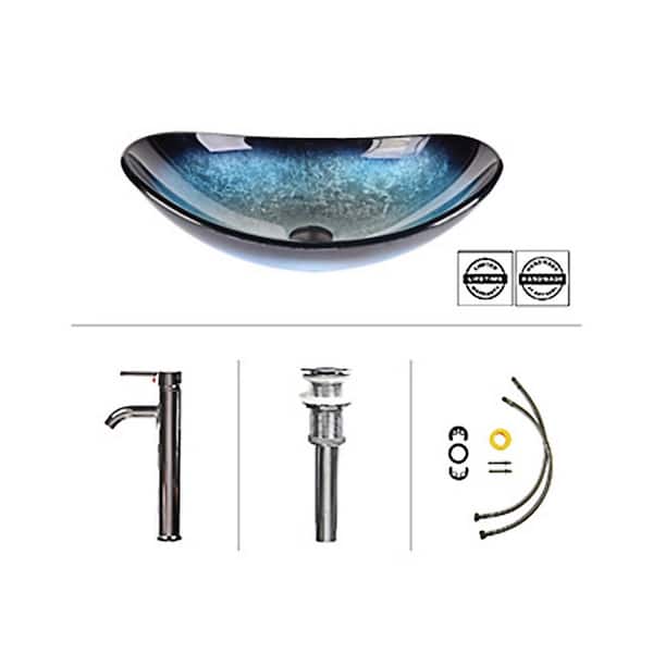 Tahanbath Artistic Tempered Glass Bathroom Sink Oval Shape Vessel Sink with Faucet Combo Ocean Blue