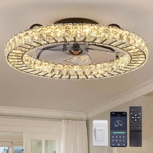 Modern 22 in. 2-Light Indoor Black Low Profile Crystal Chandelier Ceiling Fan with Light with Remote Included