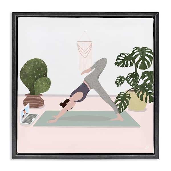 Stupell Industries Yoga Stretches with Plants by Lydia Orange Black Floater Frame Nature Graphic Art Print 18 in. x 18 in.